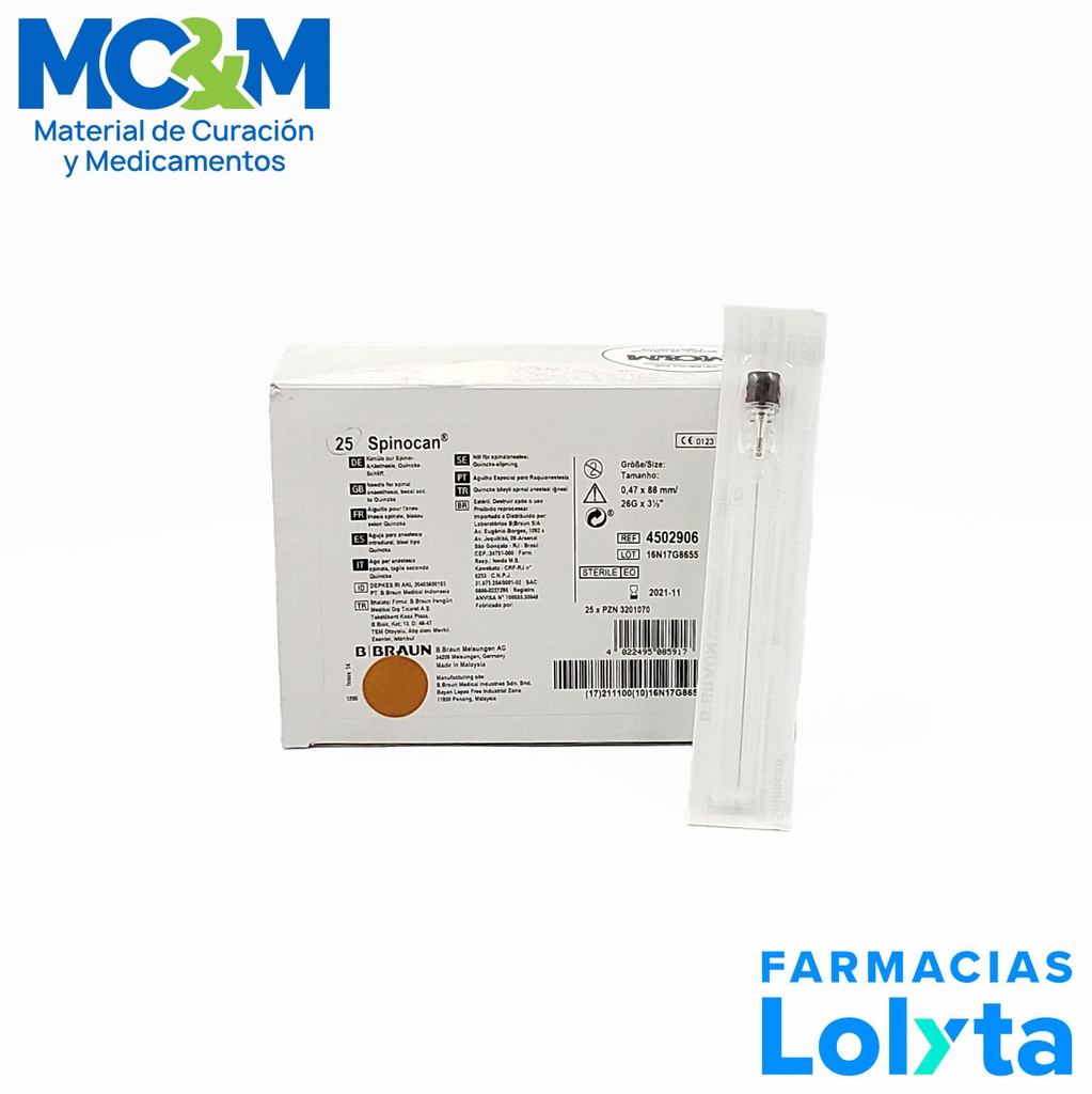 AGUJA ESPINAL SPINOCAN 26 G X 88 MM PARA ANESTESIA INTRADURAL BISEL TIPO QUINCKE REF 4502906 B. BRAUN
