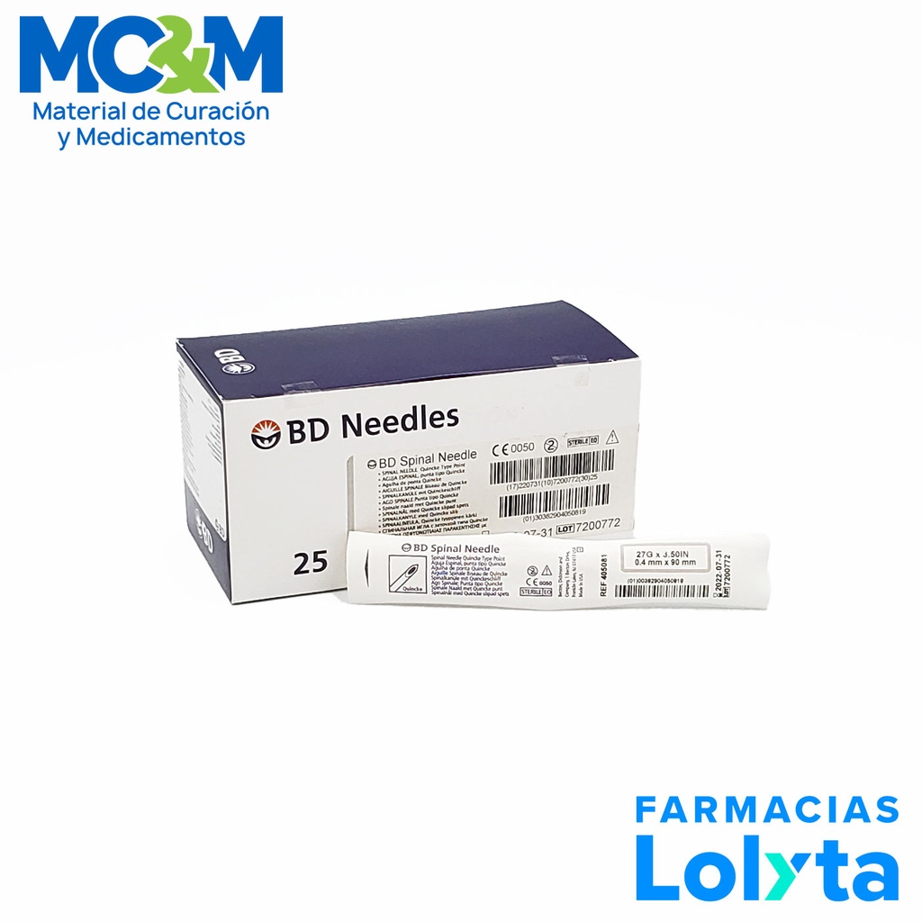 AGUJA ESPINAL 27 G X 90 MM PARA ANESTESIA INTRADURAL BISEL TIPO QUINCKE REF 405081 BD