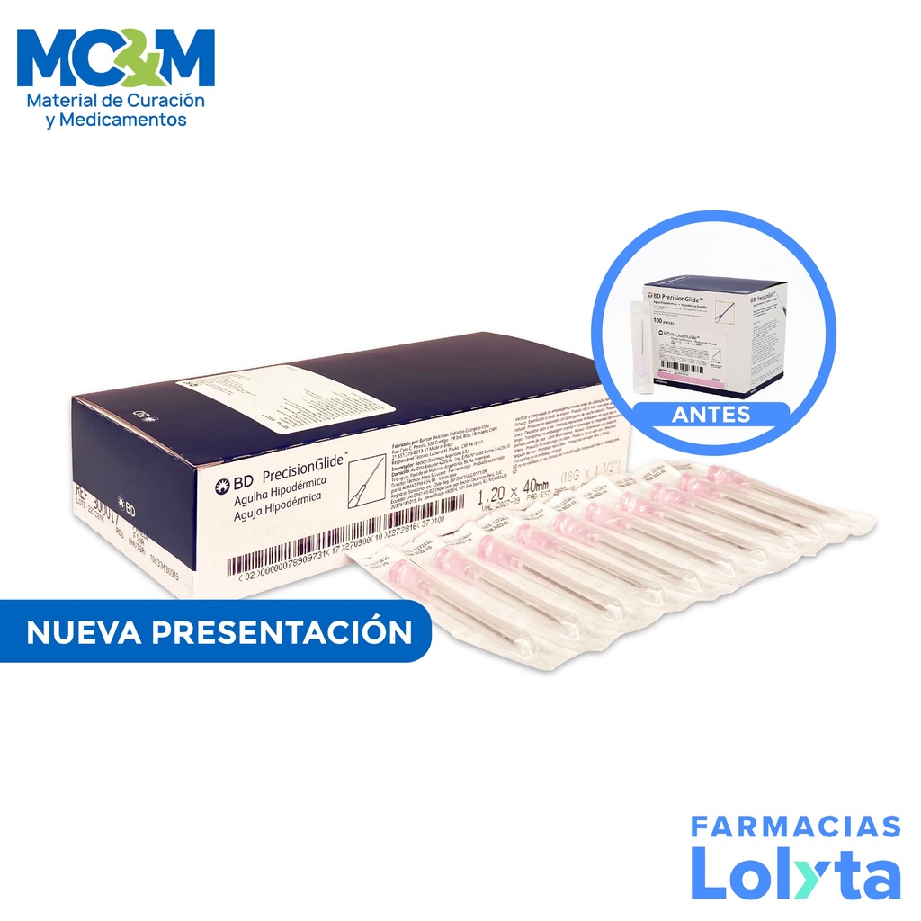 AGUJA HIPODERMICA 18G X 40 MM C/100 ROSA REF 300017 BD