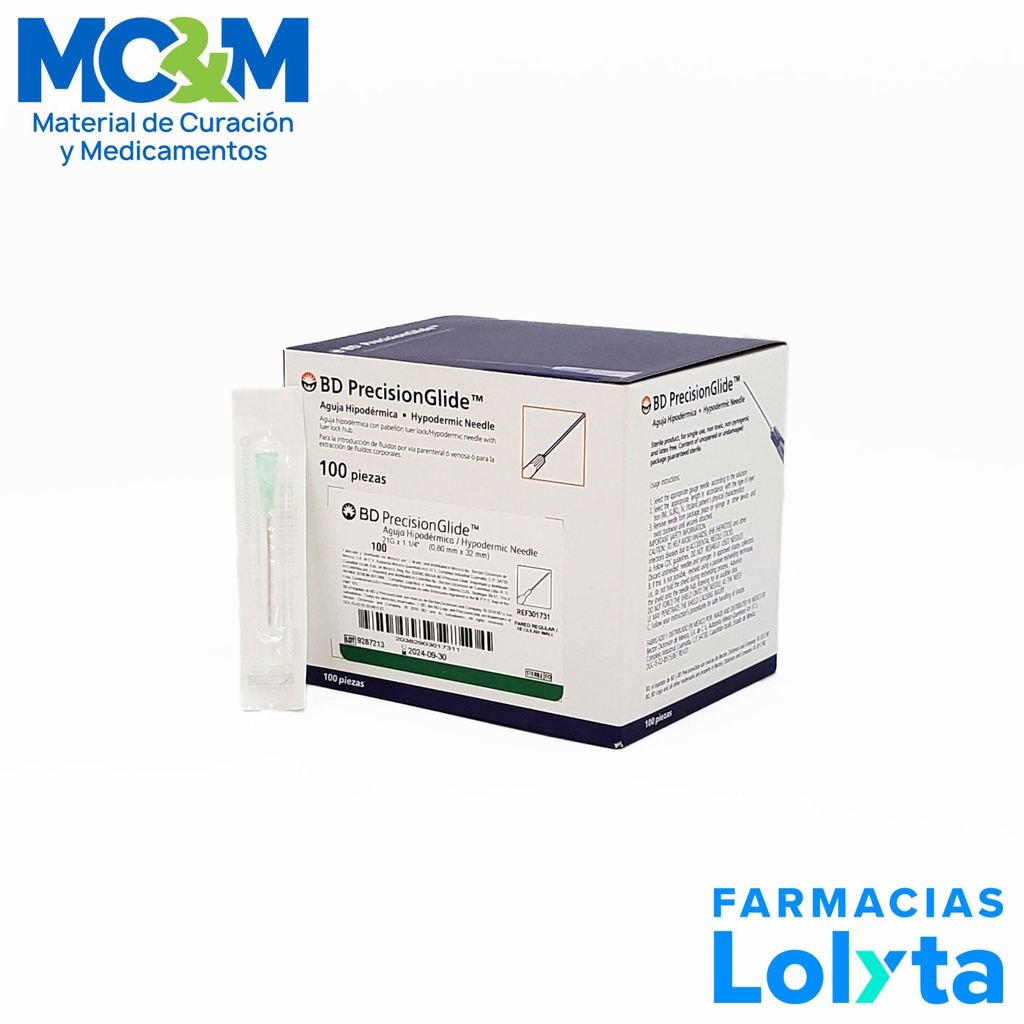 AGUJA HIPODERMICA 21G X 32 MM C/100 VERDE 300078 BD