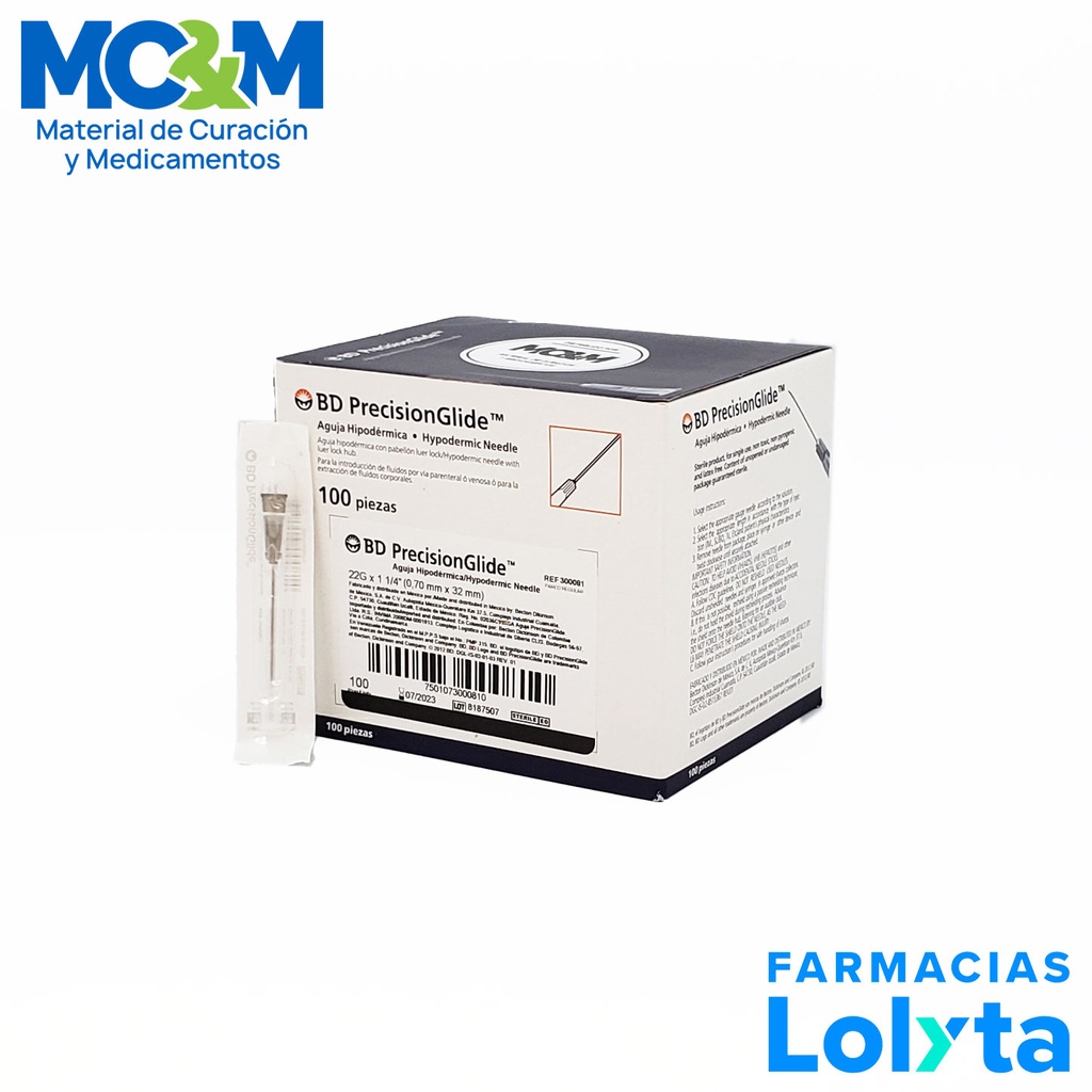 AGUJA HIPODERMICA 22G X 32 MM C/100 NEGRA REF 300339 BD