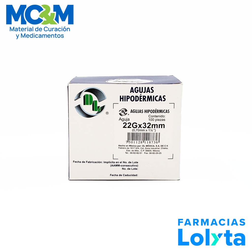 AGUJA HIPODERMICA 22G X 32 MM C/100 NEGRA DENTILAB