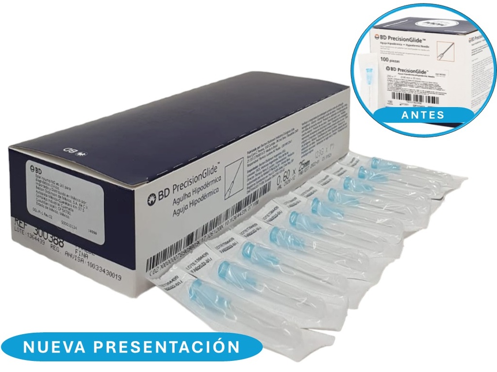 AGUJA HIPODERMICA 23G X 25 MM C/100 AZUL REF 300388 BD
