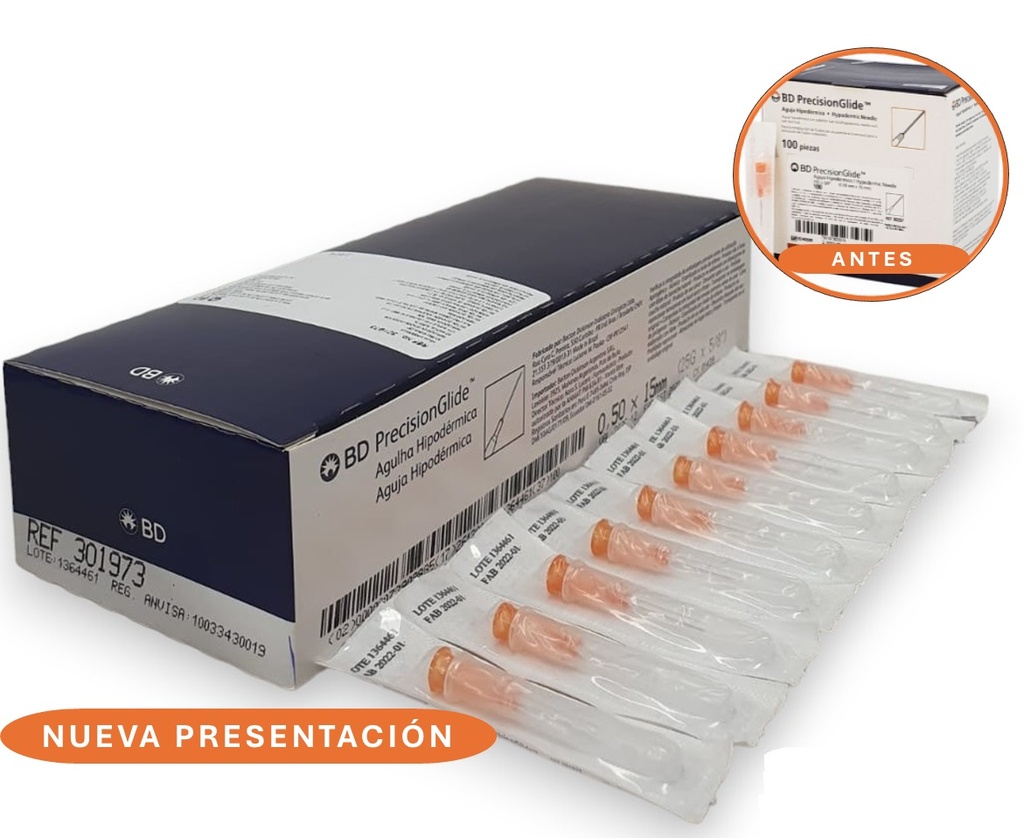 AGUJA HIPODERMICA 25G X 15 MM C/100 NARANJA REF 301973 BD