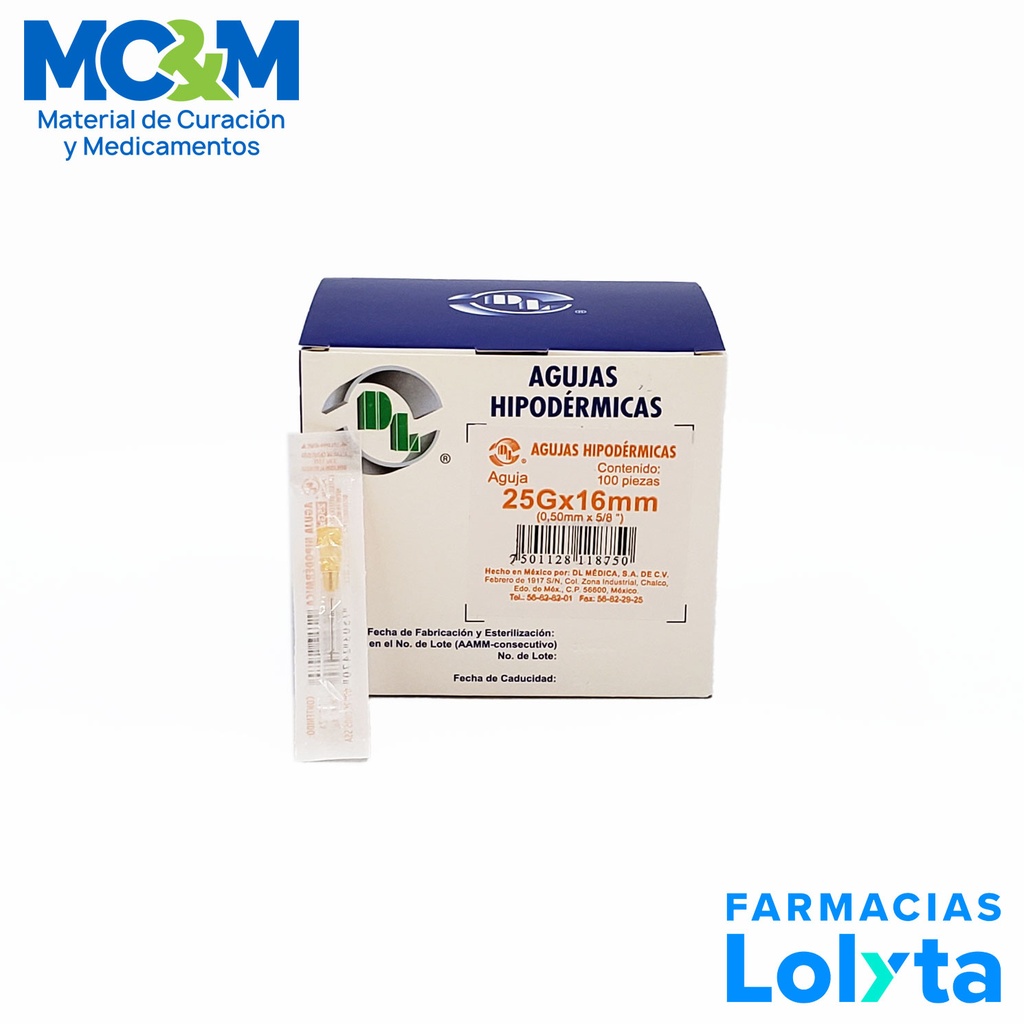 AGUJA HIPODERMICA 25G X 16 MM C/100 NARANJA DENTILAB