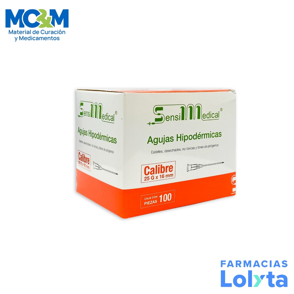 AGUJA HIPODERMICA 25G X 16 MM C/100 NARANJA SENSIMEDICAL