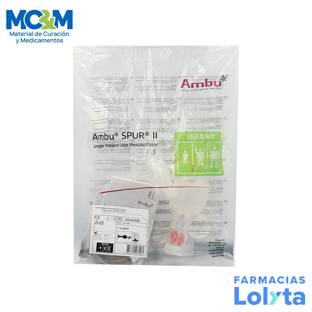 RESUCITADOR DESECHABLE NEONATAL CON RESERVORIO Y MASCARILLA SPUR II REF 335103000 AMBU