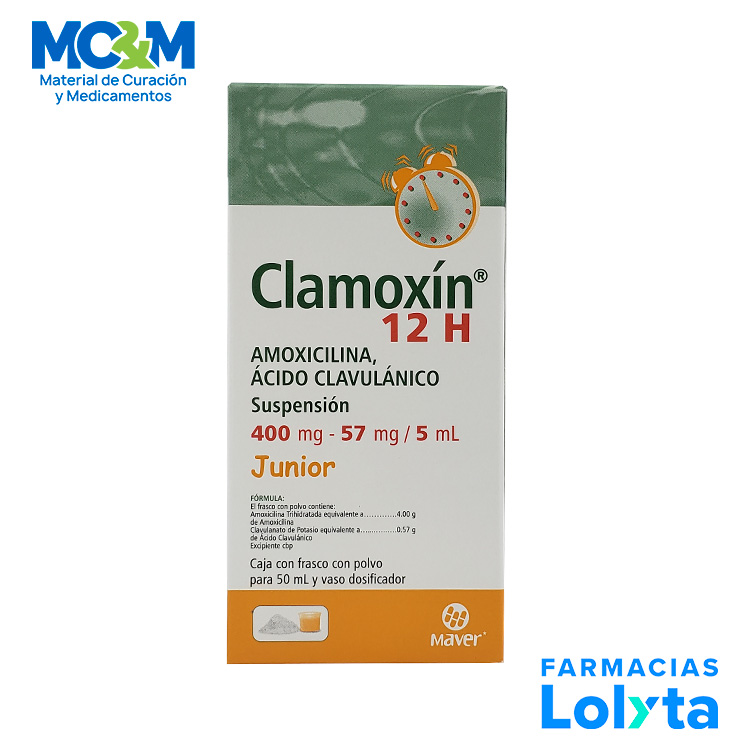 AMOXICILINA ACIDO CLAVULANICO SUSPENSION 400/57 MG/5 ML C/50 ML CLAMOXIN 12 H JUNIOR LAB MAVER