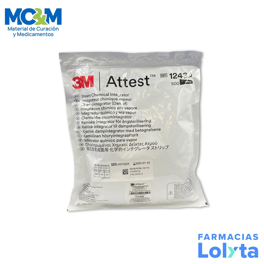 ATTEST TIRAS INDICADORES DE VAPOR INTEGRADOR QUIMICO COMPLY (ANTES STERIGAGE) C/500 REF 1243A 3M
