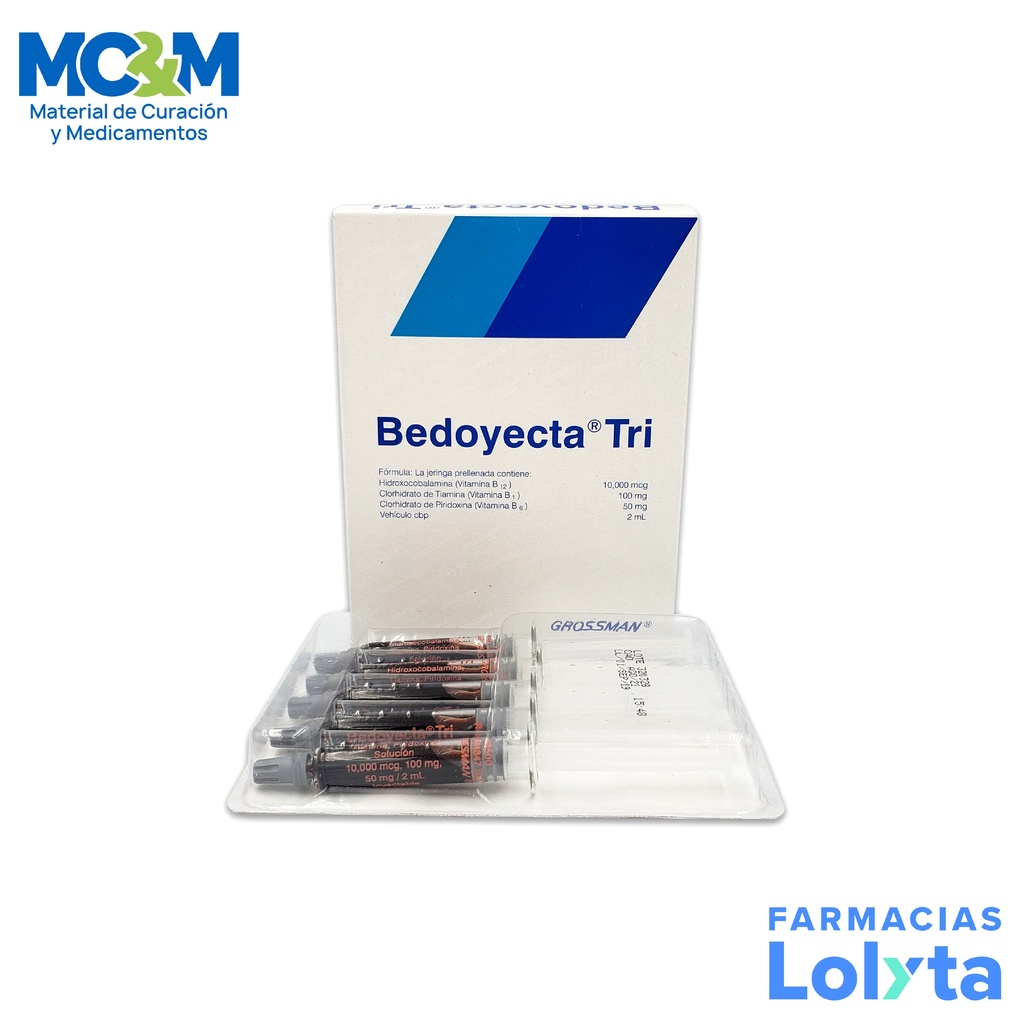 BEDOYECTA TRI SOL INY 10 000 MCG/100/50 MG/2 ML C/5 AMP HIDROXOCOBALAMINA TIAMINA PIRIDOXINA LAB GROSSMAN