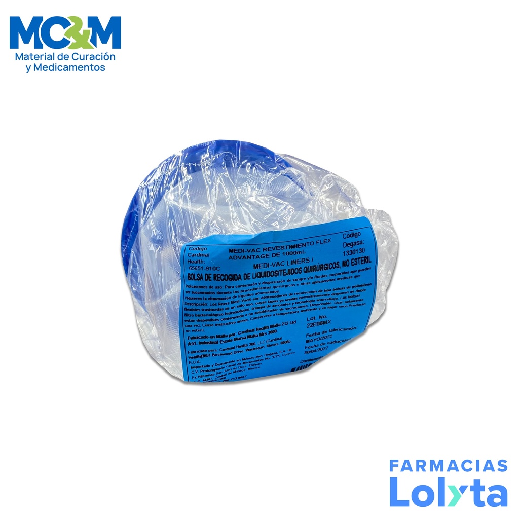 BOLSA MEDIVAC 1000 ML PARA RECOLECCION DE LIQUIDOS/TEJIDOS AZUL CARDINAL HEALTH
