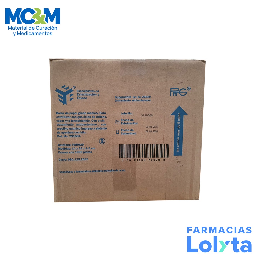 BOLSA PAPEL GRADO MEDICO 14 X 33 X 4.5 CM C/1000 PZAS P/ESTERILIZAR PMG