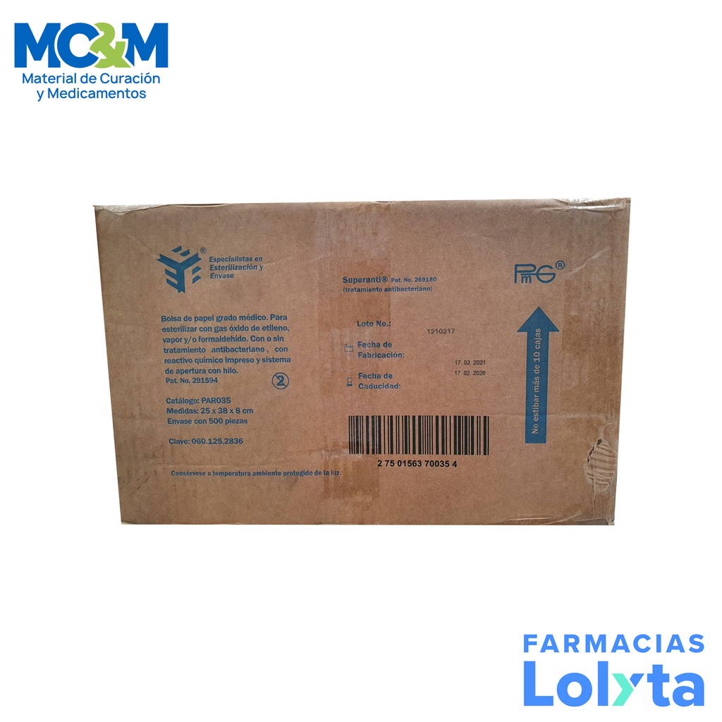 BOLSA PAPEL GRADO MEDICO 25 X 38 X 8 CM C/500 PZAS P/ESTERILIZAR PMG