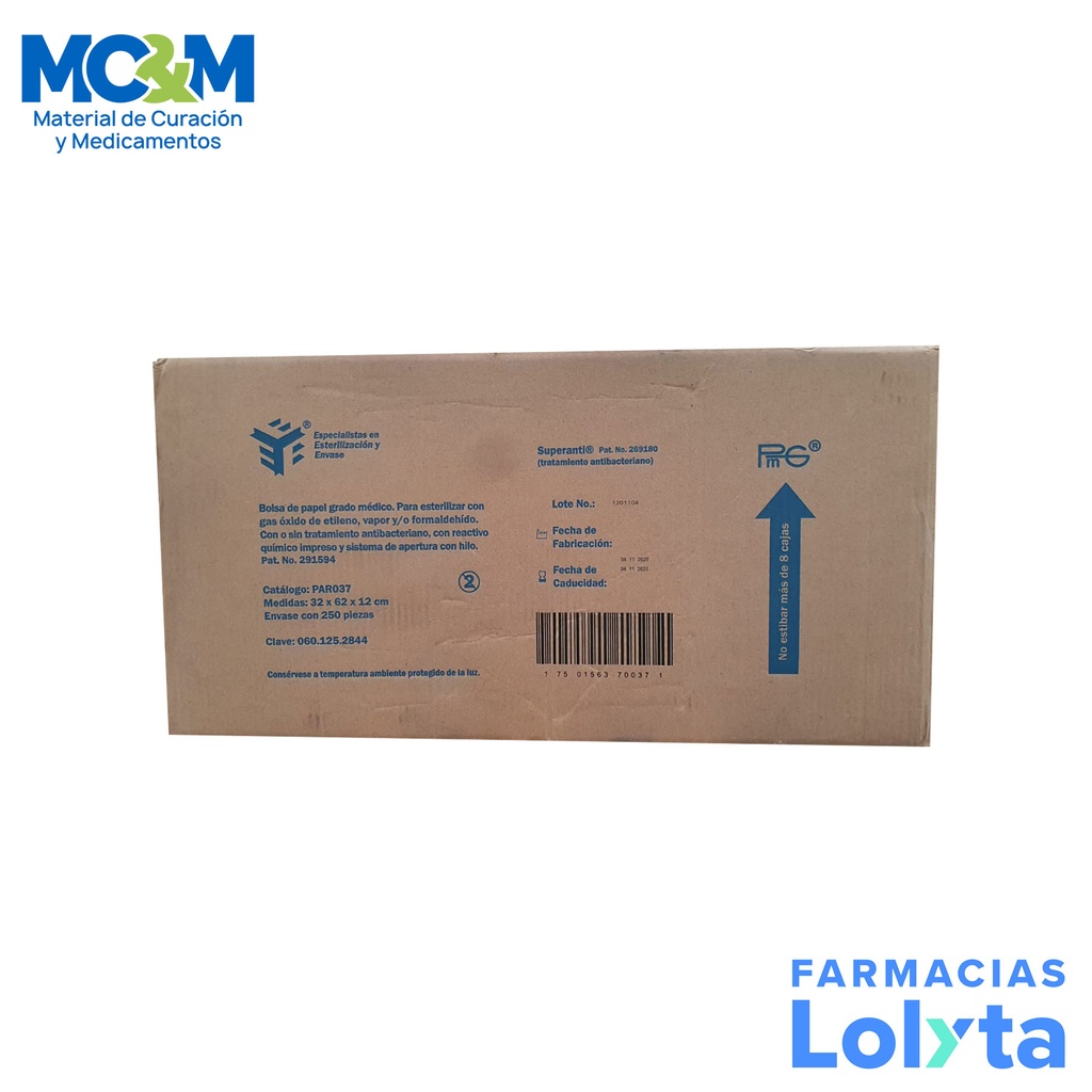 BOLSA PAPEL GRADO MEDICO 32 X 62 X 12 CM C/250 PZAS P/ESTERILIZAR PMG