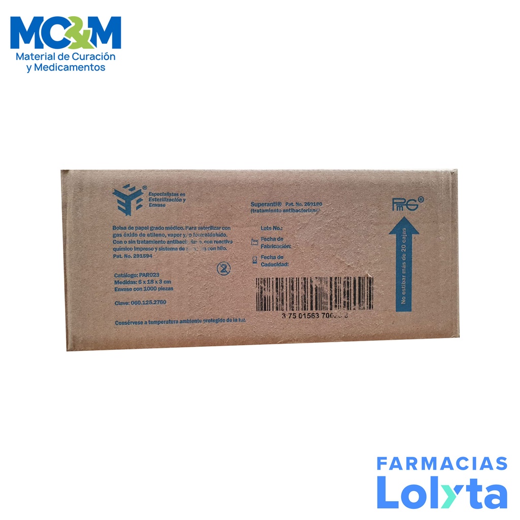 BOLSA PAPEL GRADO MEDICO 6 X 18 X 3 CM C/1000 PZAS P/ESTERILIZAR PMG