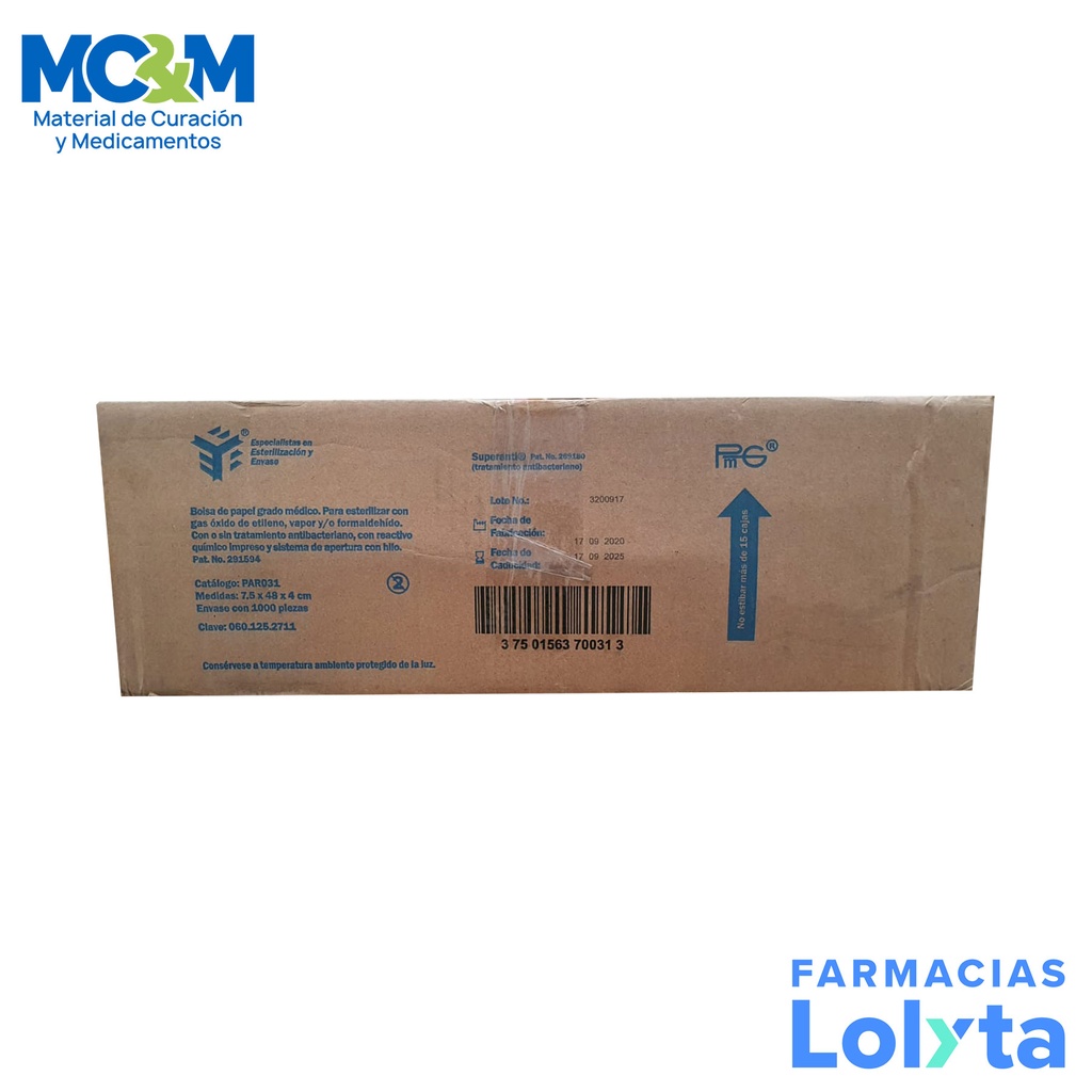 [4160] BOLSA PAPEL GRADO MEDICO 7.5 X 48 X 4 CM C/1000 PZAS P/ESTERILIZAR PMG