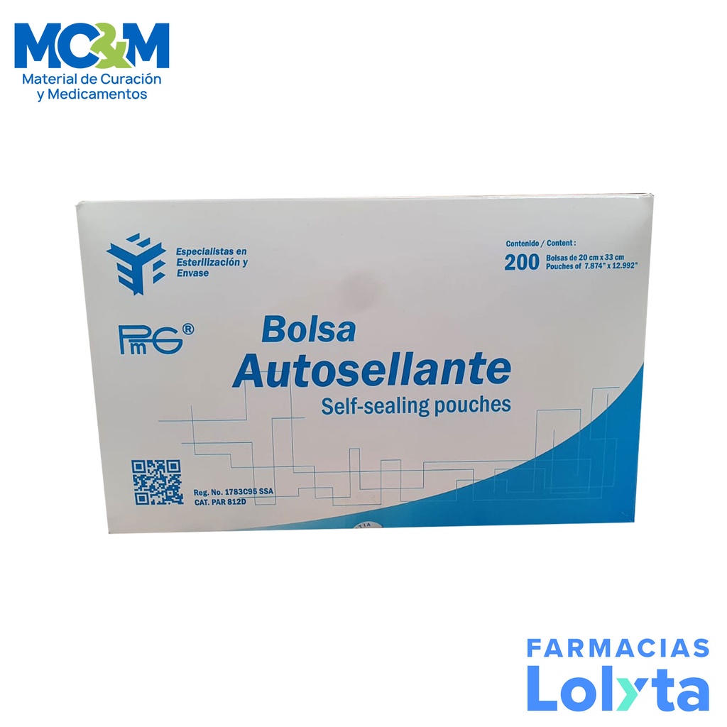 BOLSA PAPEL MIXTA AUTOSELLANTE 20X33 P/ESTERILIZAR C/200 PZA PMG