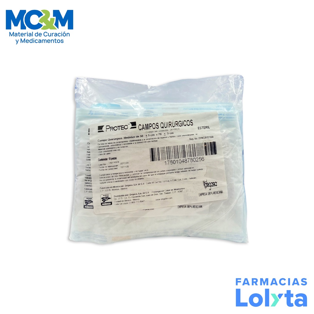 CAMPO QUIRURGICO ESTERIL 50 X 70 CM C/10 PZAS PROTEC DEGASA 0818820