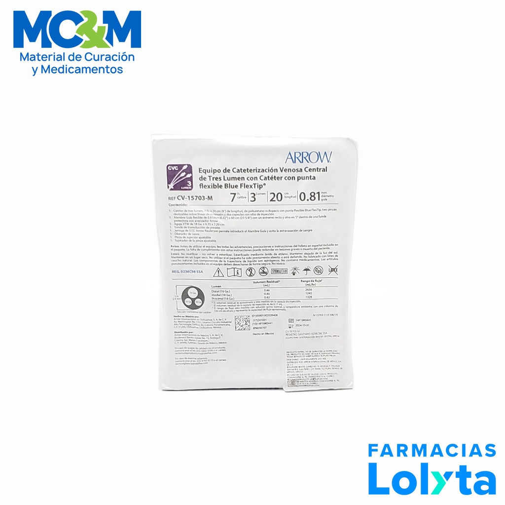 CATETER DE CATERIZACION VENOSA CENTRAL 7 FR 3 LUM 20CM ARROW