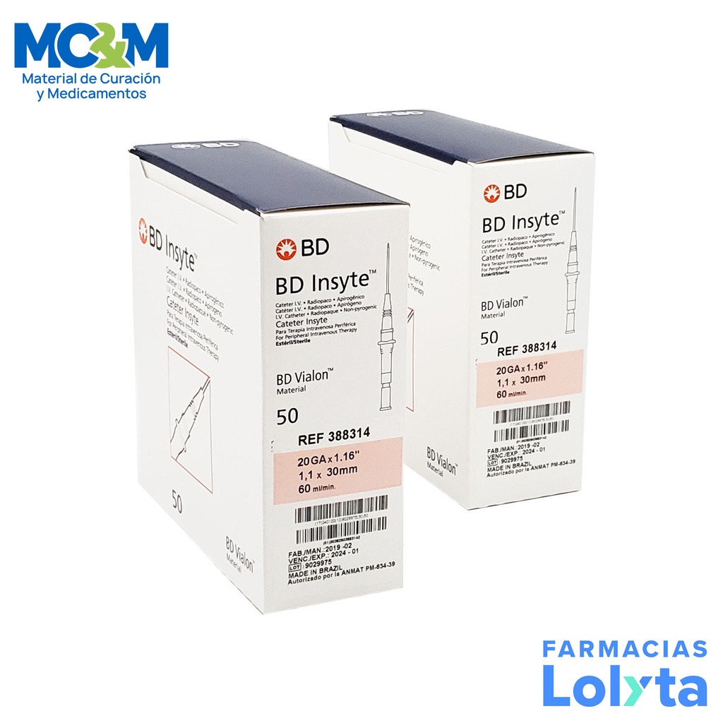 [3018] CATETER INSYTE ROSA #20 C/50 PZAS INTRAVENOSO PERIFERICO RADIOPACO REF 388314 BD
