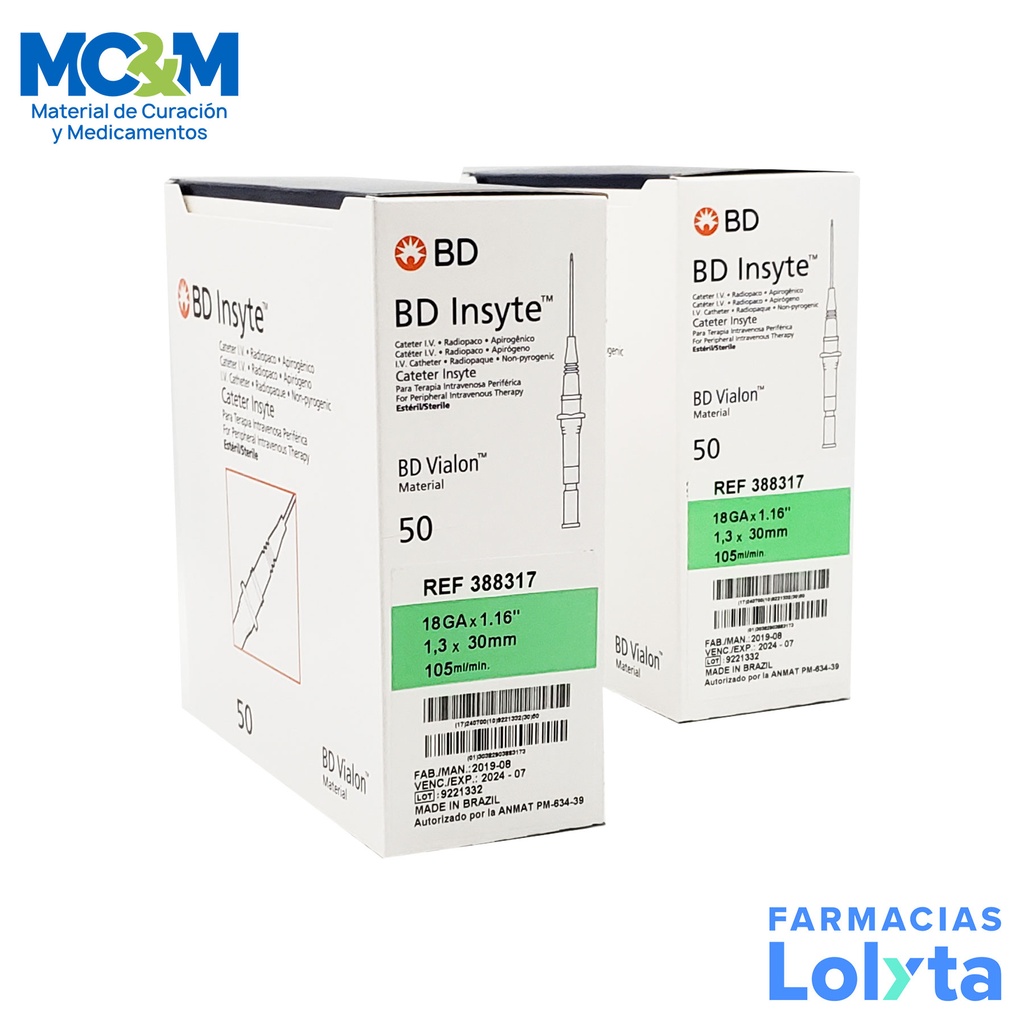 [3019] CATETER INSYTE VERDE 18 G X 30 MM C/50 PZAS INTRAVENOSO PERIFERICO RADIOPACO REF 388317 BD