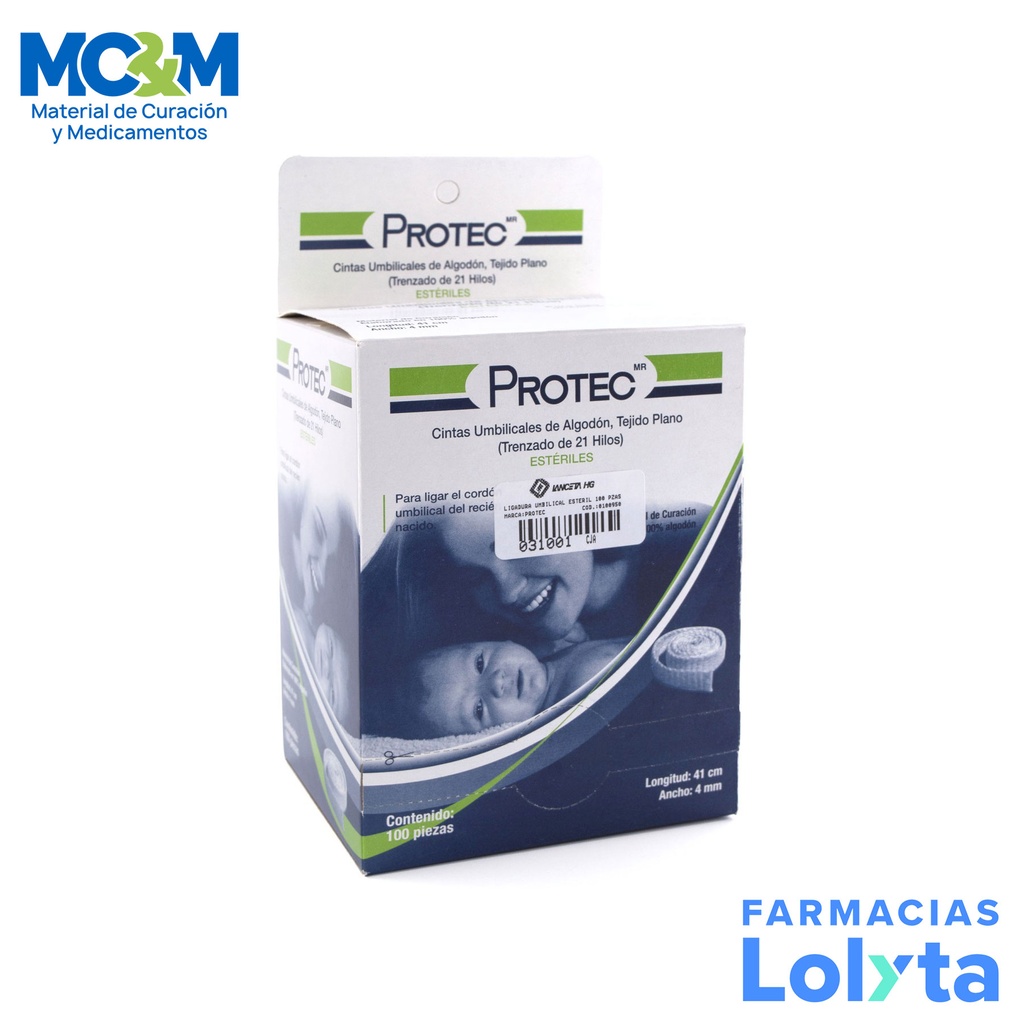 CINTA UMBILICAL DE ALGODON NO ABSORBIBLE ESTERIL 41 CM X 4 MM C/100 PZAS PROTEC DEGASA 100950