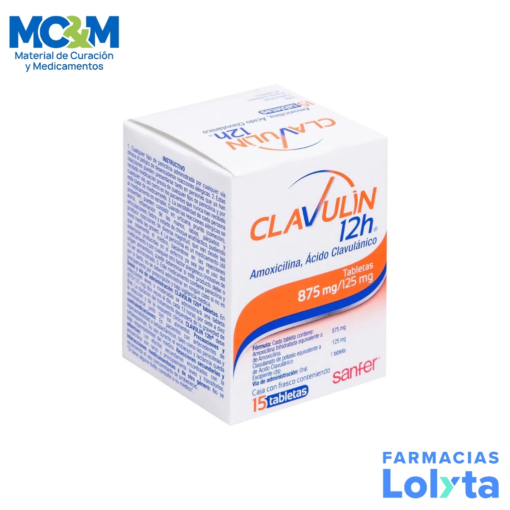 CLAVULIN 12H 875/125 MG C/15 TAB AMOXICILINA ACIDO CLAVULANICO LAB SANFER