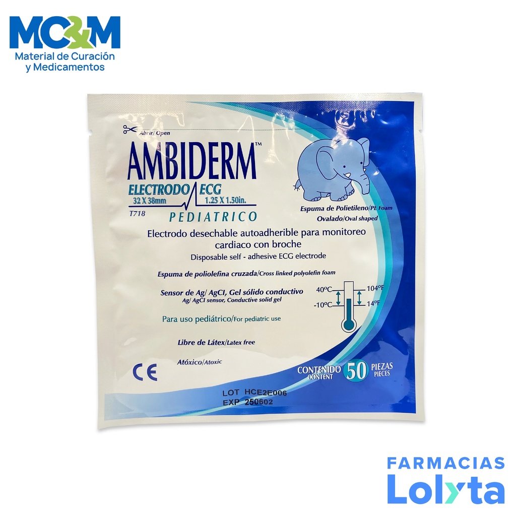 ELECTRODO DE MONITORIZACION CARDIACA 32 X 38 MM C/50 PZAS OVALADO DE ESPUMA PEDIATRICO T-718 AMBIDERM