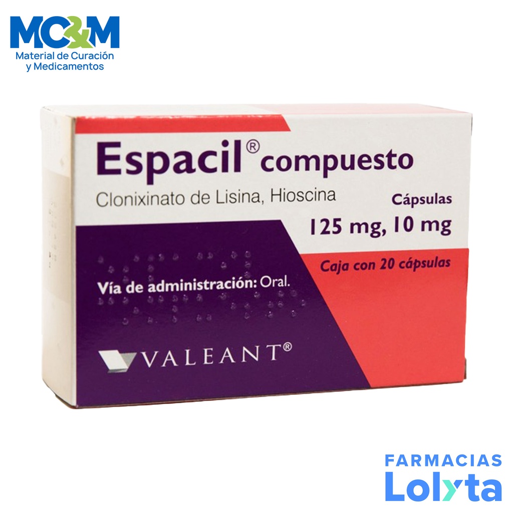 ESPACIL COMPUESTO 125/10 MG C/20 CAP CLONIXINATO DE LISINA HIOSCINA LAB VALEANT