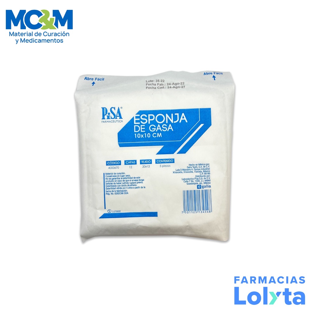 ESPONJA DE GASA 10X10 CM C/5 PZAS ESTERIL TEJ 20X12 SIN MEDIO LAB PISA