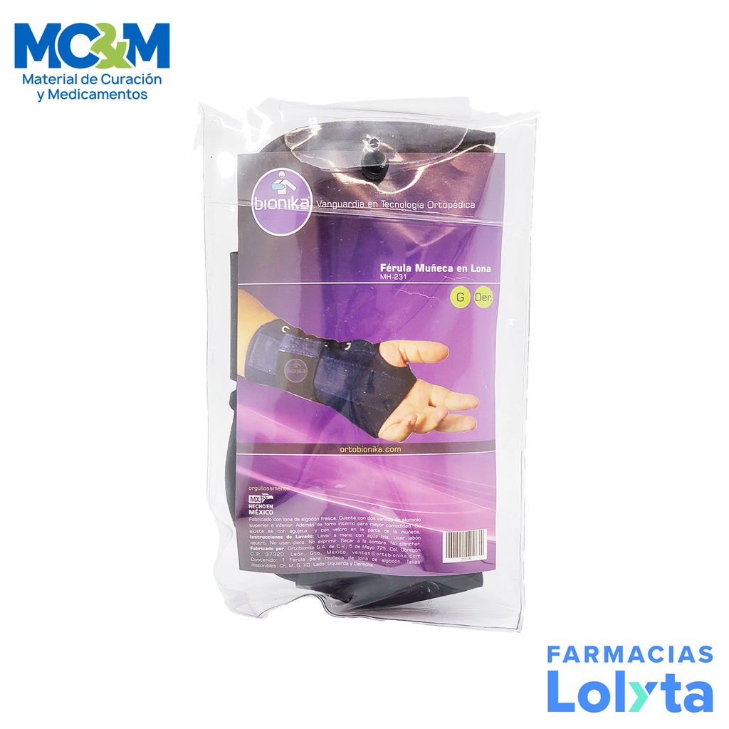 FERULA PARA MUÑECA CON VARILLA EN LONA ALGODON GRANDE DERECHA MH-231 BIONIKA