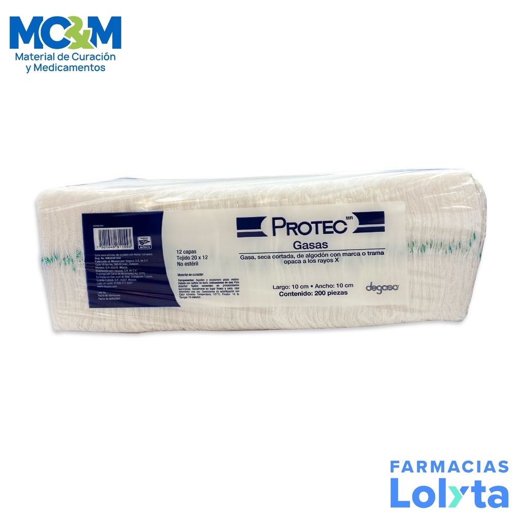 GASA CON MEDIO HR 10 X 10 CM C/200 PZAS TEJIDO 20X12 NO ESTERIL PROTEC DEGASA 0107000