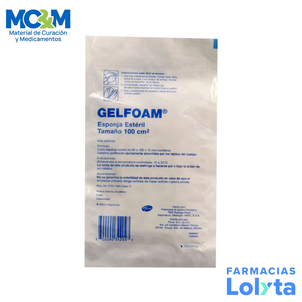 GELFOAM 80 X 125 X 10 MM (100 CM2) ESPONJA DE GELATINA HEMOSTATICA ABSORBIBLE ESTERIL