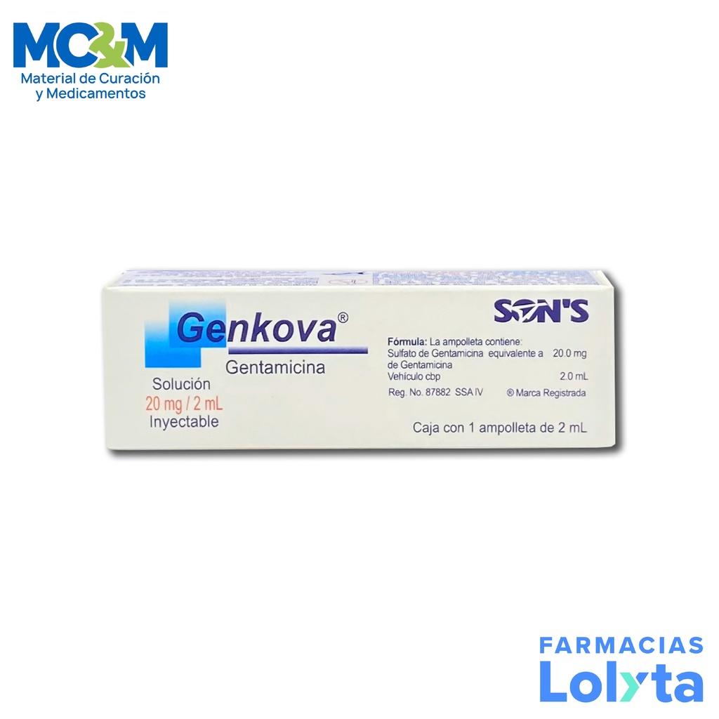 GENTAMICINA SOL INY 20MG/2ML C/1 AMP GENKOVA LAB SONS