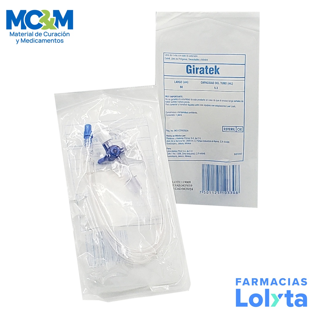 GIRATEK LLAVE DE 4 VIAS CON TUBO DE EXTENSION 80 CM (3 VIAS) LAB PISA