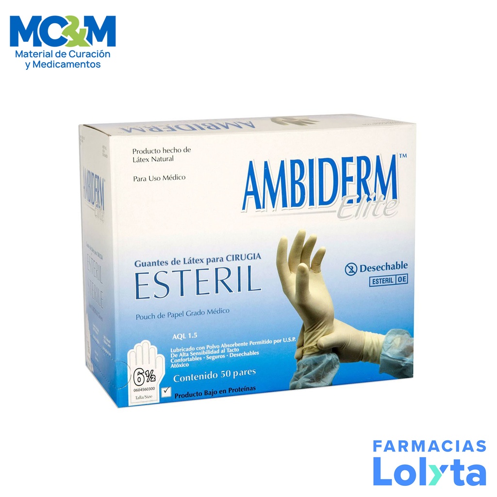 GUANTE CIRUJANO ELITE ESTERIL # 6 1/2 C/50 PARES AMBIDERM