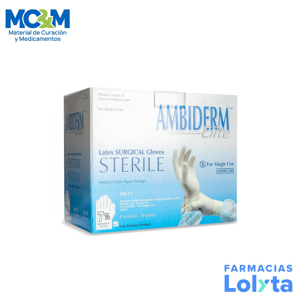 GUANTE CIRUJANO ELITE ESTERIL # 7 1/2 C/50 PARES AMBIDERM