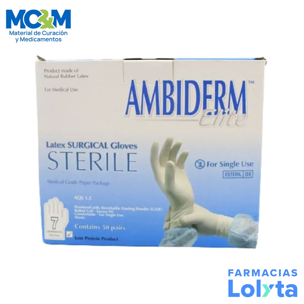 GUANTE CIRUJANO ELITE ESTERIL # 7 C/50 PARES AMBIDERM