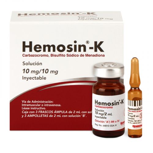 HEMOSIN-K SOL INY 10MG/10MG C/3 AMP CARBAZOCROMO BISULFITO SODICO DE MENADIONA LAB HORMONA