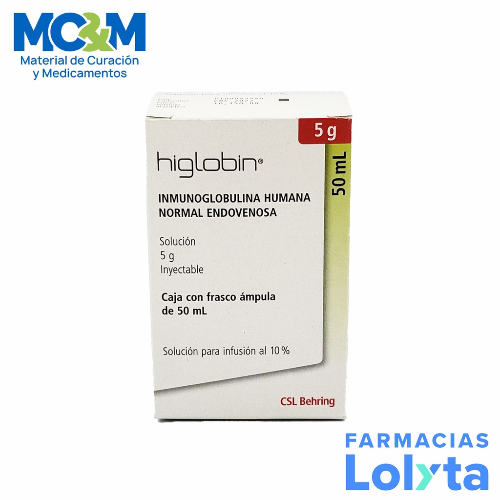 INMUNOGLOBULINA HIGLOBIN SOL INY 5G INMUNOGLOBULINA HUMANA NORMAL ENDOVENOSA C/50 ML LAB CSL BEHRING