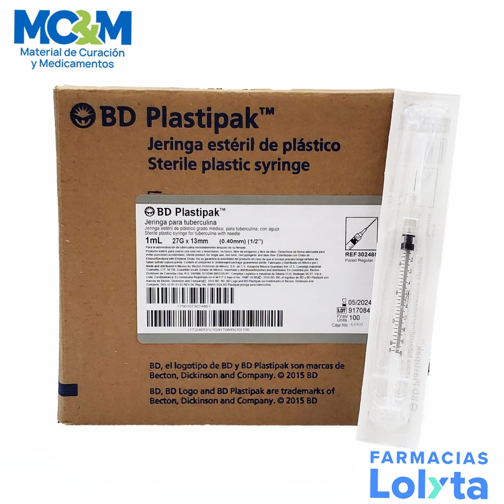 JERINGA 1 ML 27X13 C/A C/100 PZAS GRIS PLASTIPAK REF 302485 BD