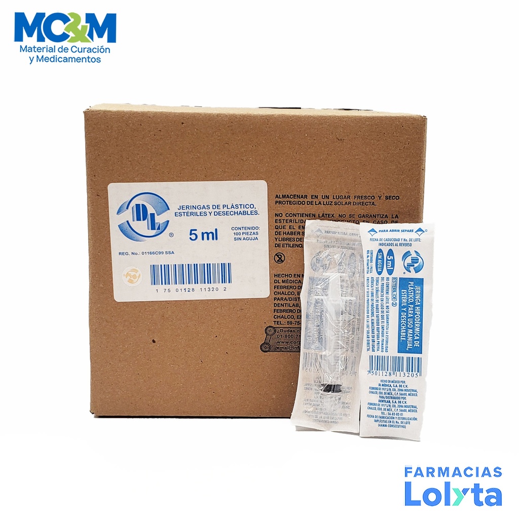 JERINGA 5 ML SIN AGUJA C/100 DENTILAB