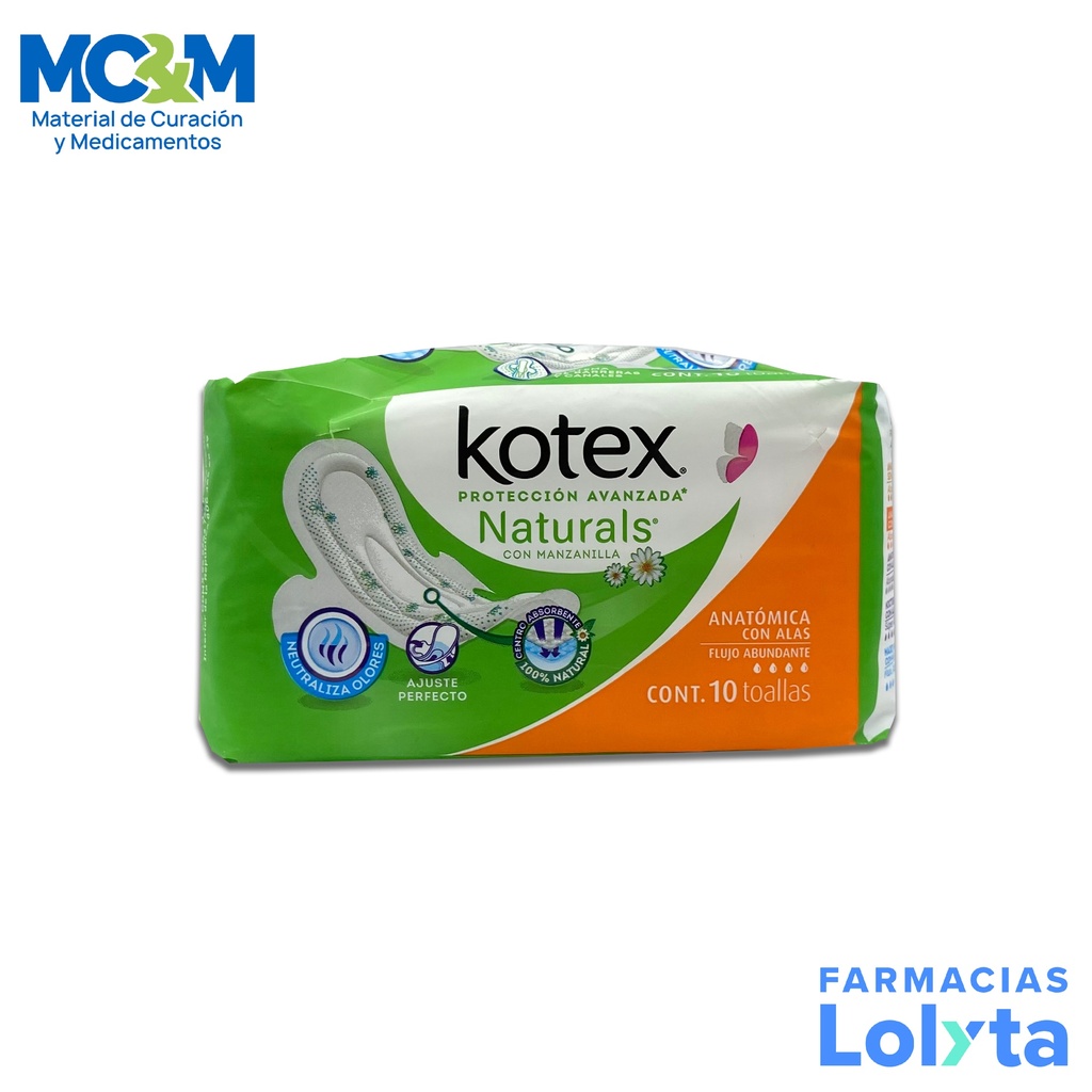 KOTEX PROT. AV. NATURALS CON MANZANILLA ANATOMICA CON ALAS FLUJO ABUNDANTE C/10 TOALLAS (VERDE) KIMBERLY-CLARK
