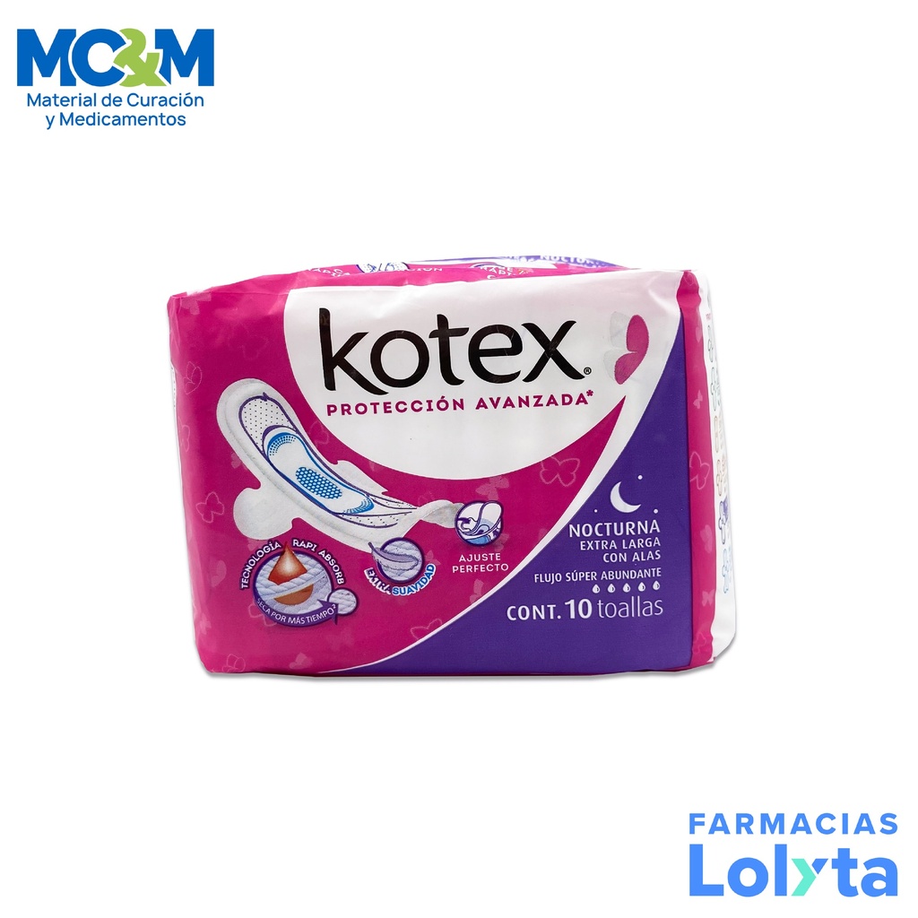 KOTEX NOCTURNA EXTRA LARGA CON ALAS FLUJO SUPER ABUNDANTE C/10 TOALLAS KIMBERLY CLARK