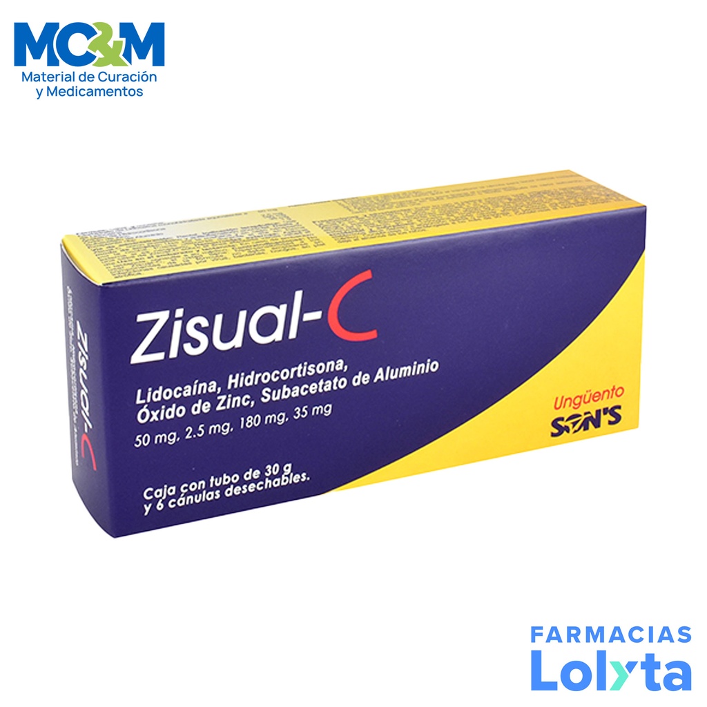 LIDOCAINA HIDROCORTISONA OXIDO DE ZINC SUBACETATO DE ALUMINIO UNGÜENTO 50/2.5/180/35 MG/G TUBO C/30 G ZISUAL-C LAB SONS