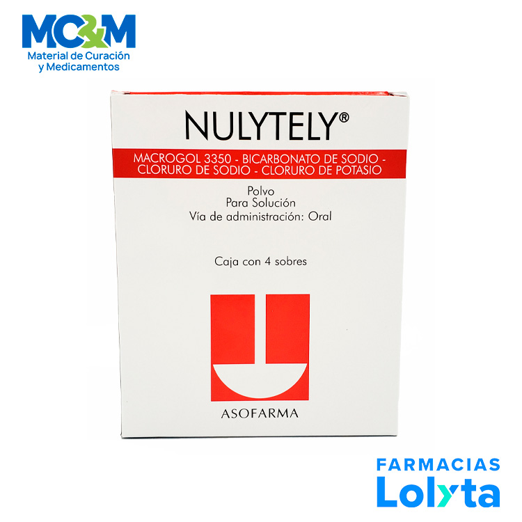 NULYTELY 105/1.43/2.80/0.37 G C/4 SOBRES POLVO P/ SOL ORAL MACROGOL 3350 BICARBONATO DE SODIO CLORURO DE SODIO CLORURO DE POTASIO LAB ASOFARMA