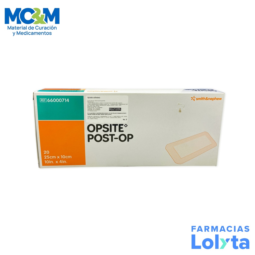 OPSITE POST-OP 25 X 10 CM C/20 PZAS APOSITO POSTQUIRURGICO REF 66000714 SMITH&NEPHEW