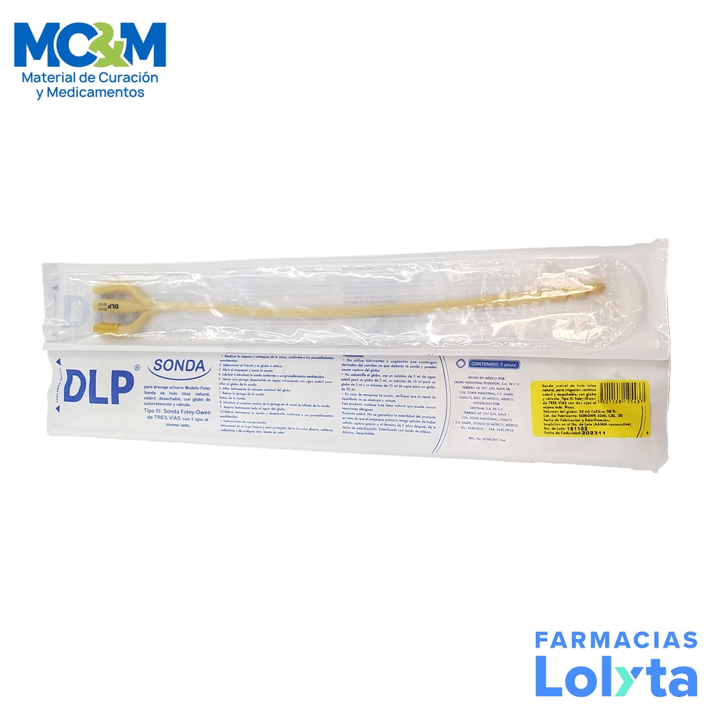 SONDA FOLEY #20 LATEX 3 VIAS GLOBO 30 ML DENTILAB
