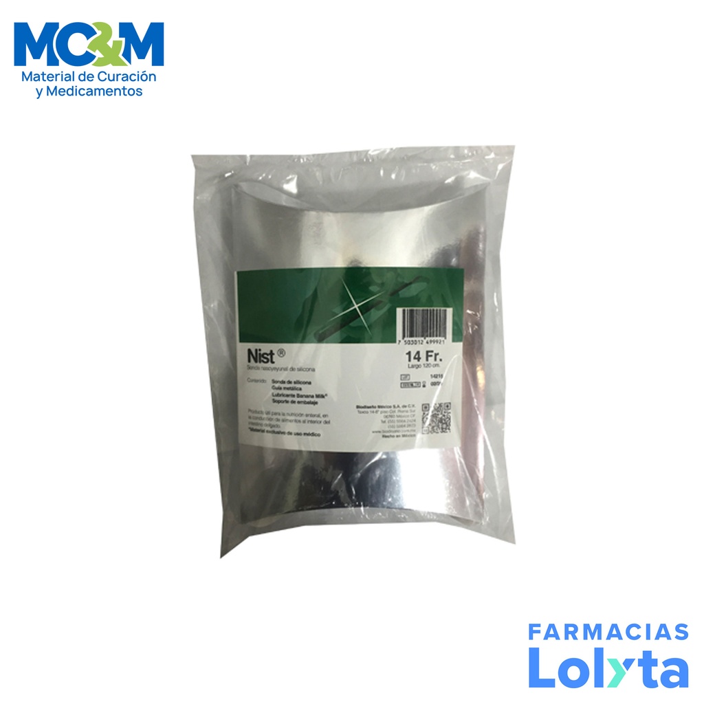 SONDA NASOYEYUNAL 14 FR X 120 CM DE SILICONA PARA ALIMENTACION NIST