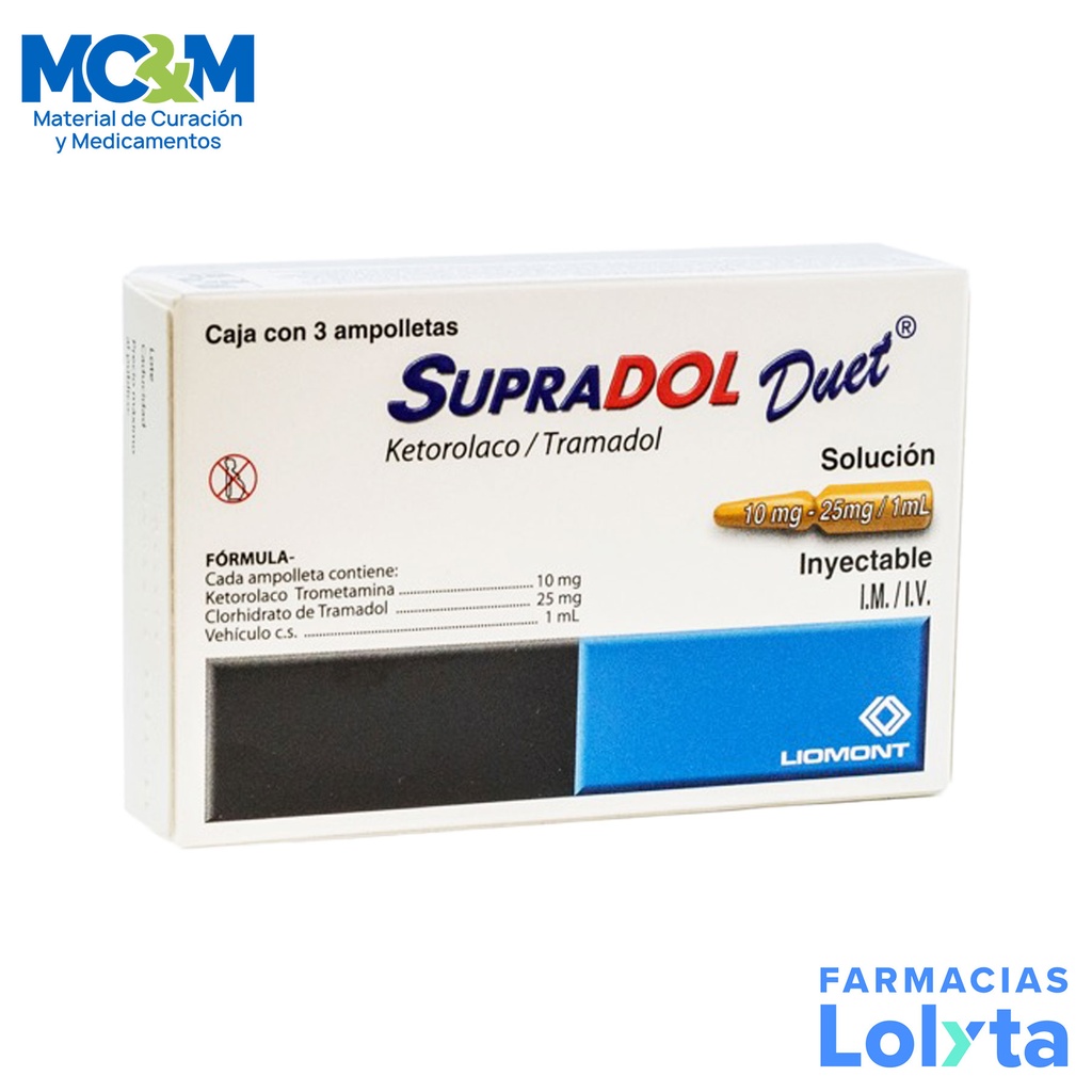 SUPRADOL DUET SOL INY 10/25 MG/ML C/3 AMP KETOROLACO TRAMADOL LAB LIOMONT GRUPO III